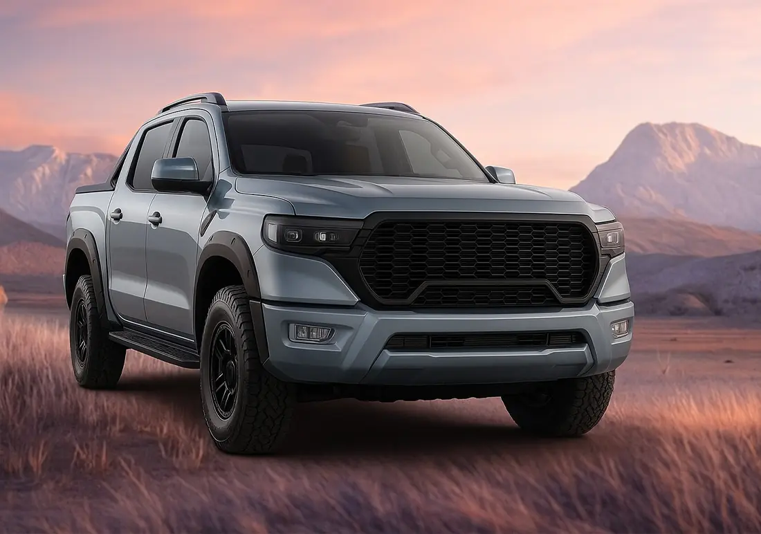 Silbener Foton 4 PickUp, der bei Rombey Capital versichert ist, steht vor einer Berg-Kulisse