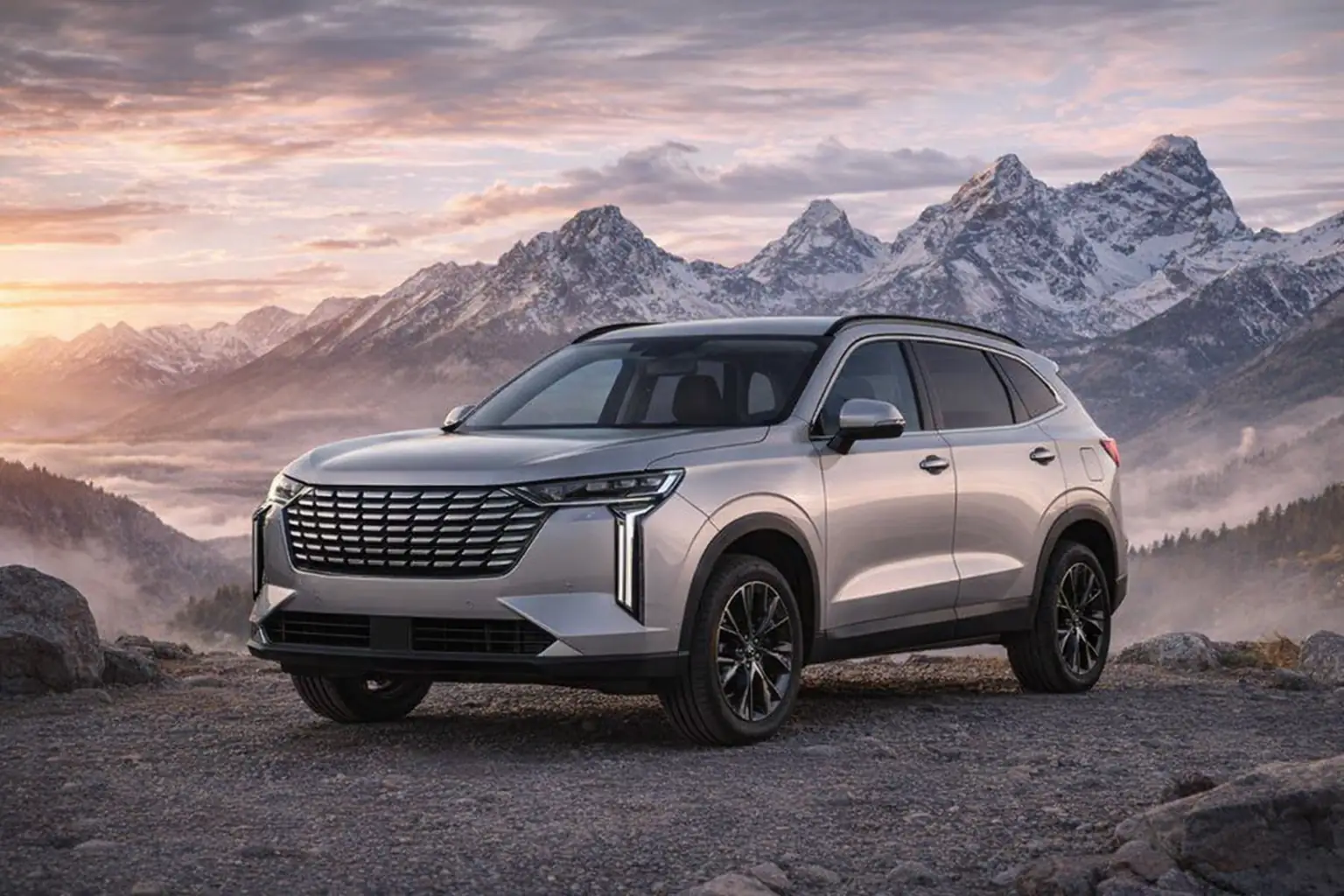 Silberner GWM Haval H6 SUV vor verschneiter Bergkulisse – Kfz-Versicherung bei Rombey Capital