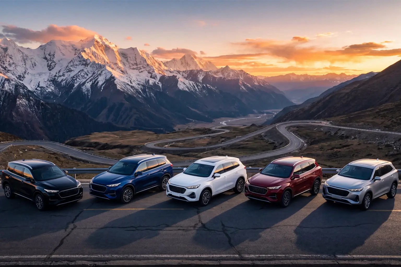 Fünf Importfahrzeuge ohne HSN TSN vor Bergpanorama – Kfz-Versicherung über Rombey Capital